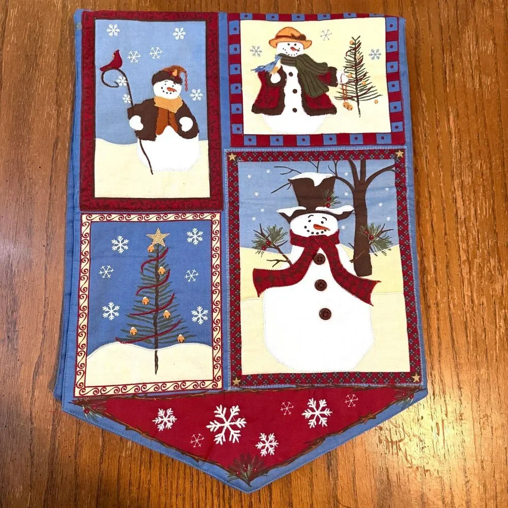 St Nicholas Square Snowman Christmas Table Runner 36x14 Applique Cotton
